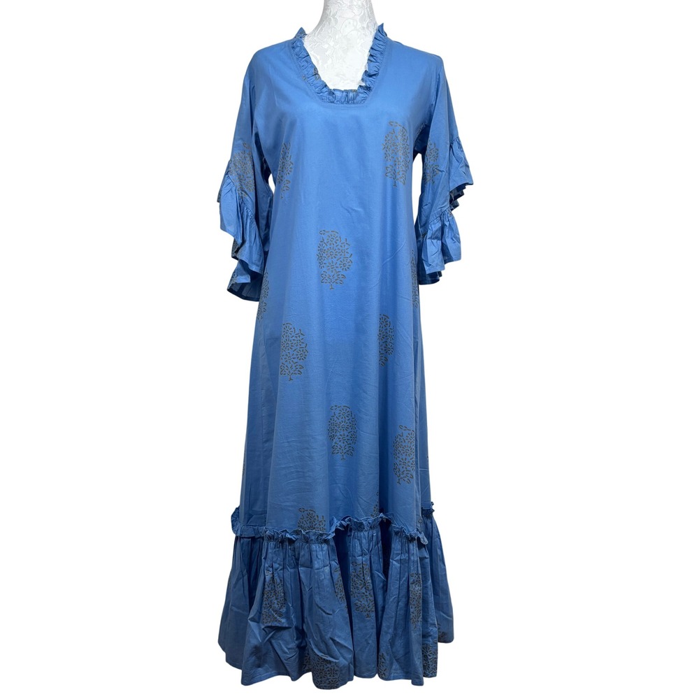 Fitzroy & Willa Blue Hand Block Ruffled Tiered Bell Sleeve Maxi Dress Womens XS